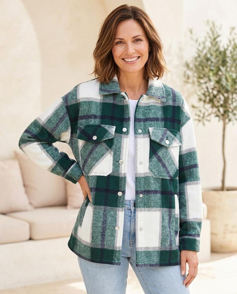 Her Curve Wardrobe - Yiwev | Long-Sleeve Checked Jacket in Green