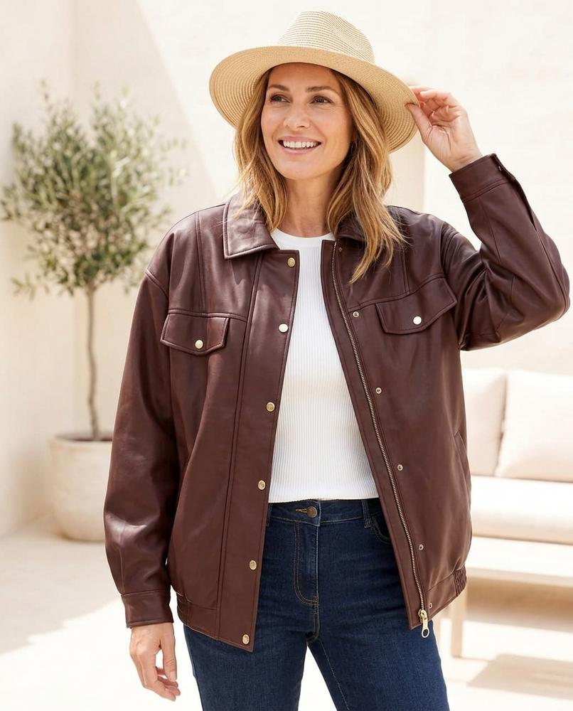 Her Curve Wardrobe - Ratav | Loose Buttoned Leather-Look Jacket in Black